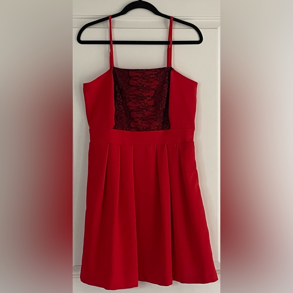 Monteau Red Dress with Black Lace Detail